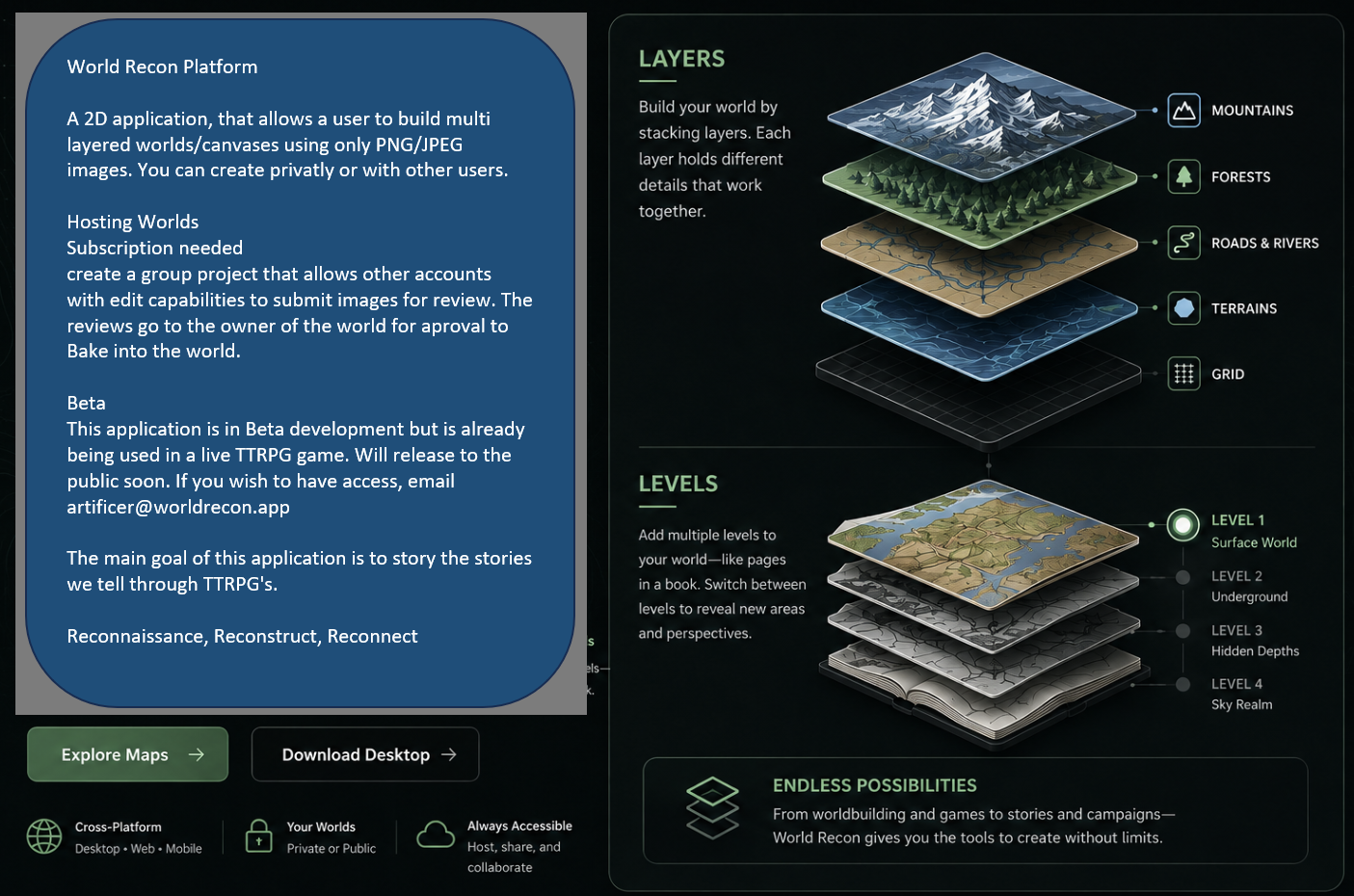 World Recon layers and levels, showing stacked world map imagery and multiple connected world levels